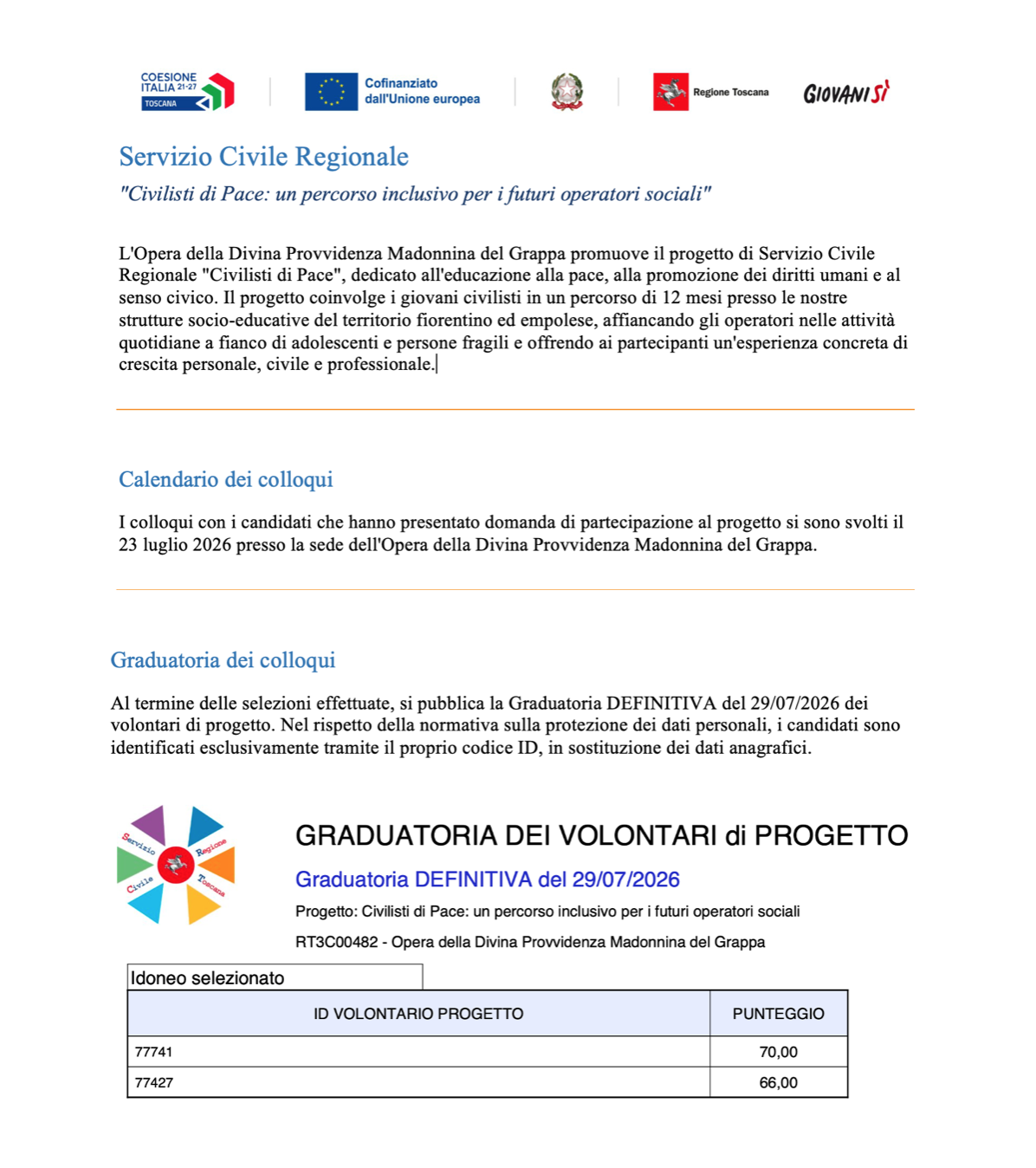 Servizio Civile con noi . Colloqui e Risultati.